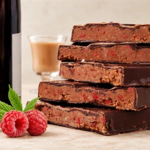Turrón artesanal de praliné de chocolate, vino y frambuesa