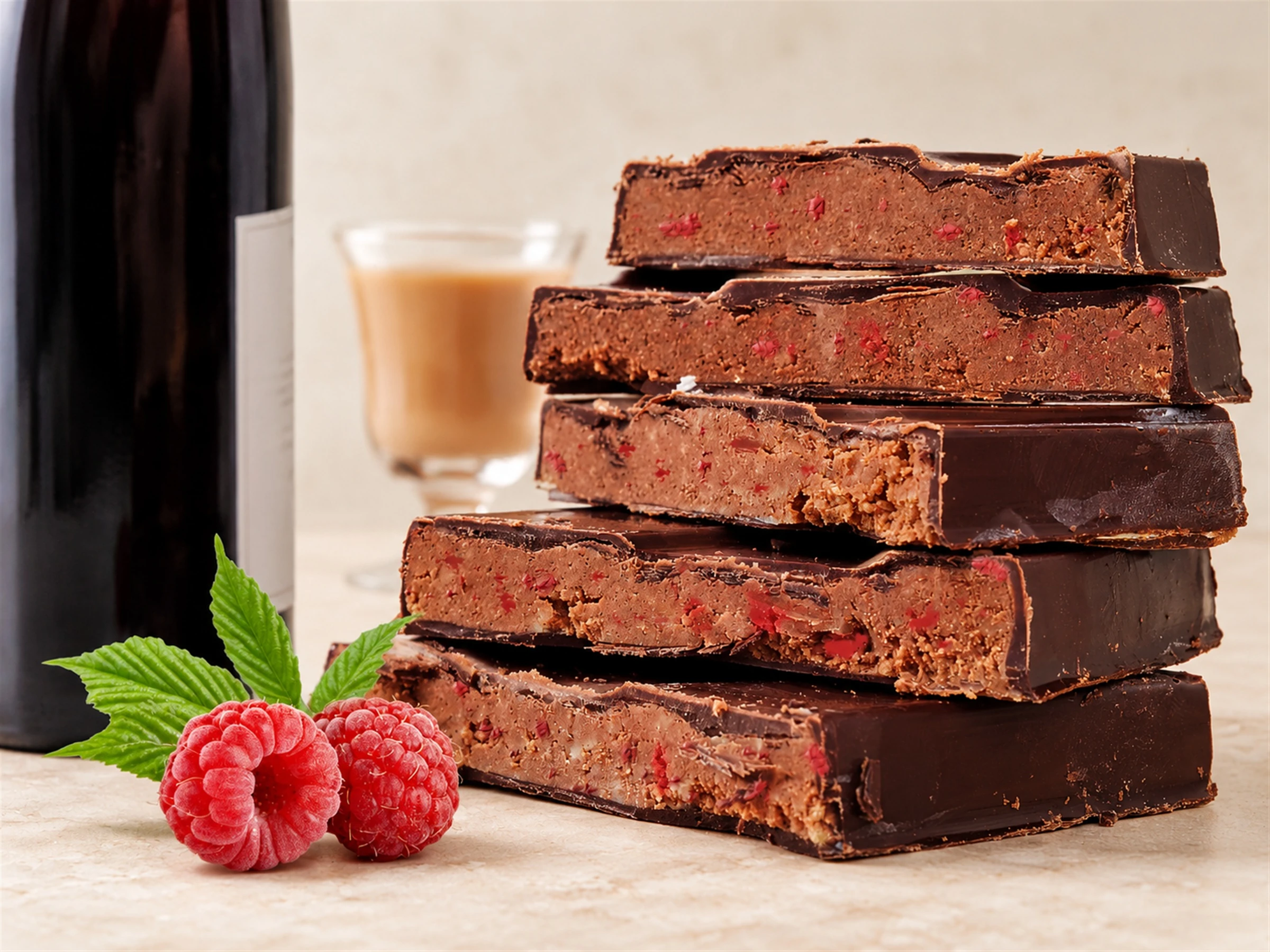 Turrón artesanal de praliné de chocolate, vino y frambuesa