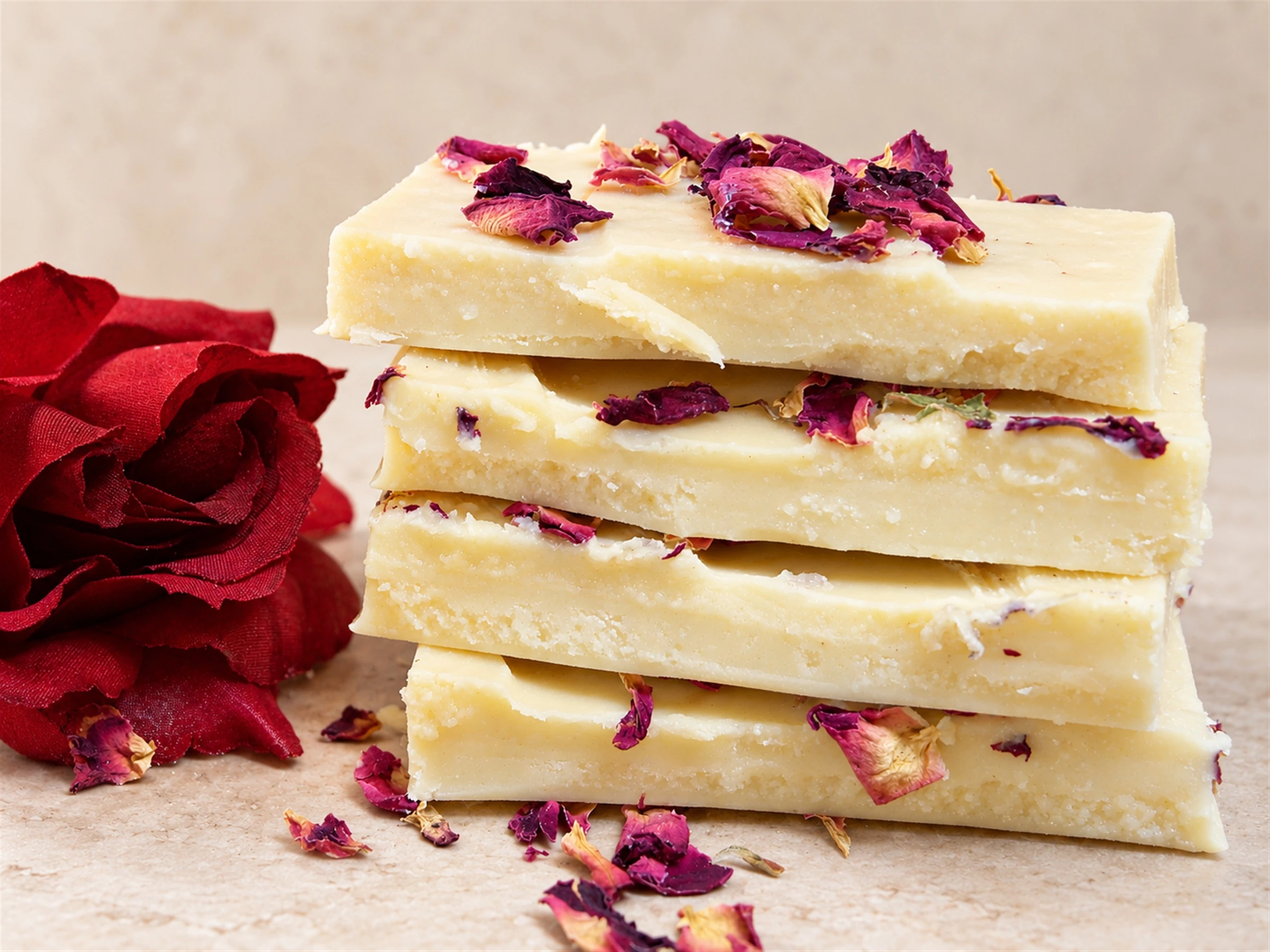 Turrón artesanal trufado de pétalos de rosa y aceite de oliva virgen extra